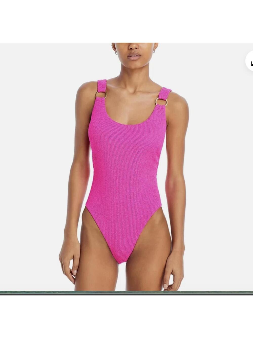 AQUA Metallic Crinkle One Piece Swimsuit O-Ring Detail Size S